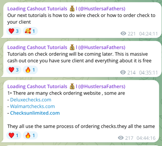 Figure 1: Fraudster introducing his tutorial on ordering a client's checks. The websites used to order checks are listed.